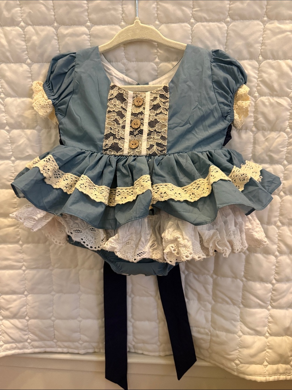 Blue Lace-Trim Theater Dress with Cream Accents